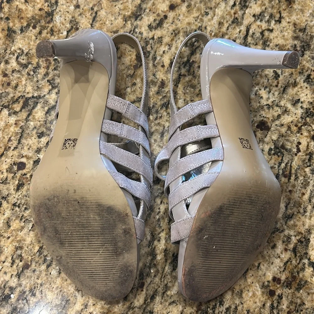 Anne Klein open toe, strap heels, beige/gray, size 10 | offer in description
